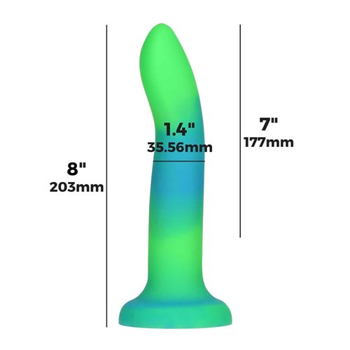 The size dimensions for the Rave Addiction 8" Glow in the Dark Dildo.