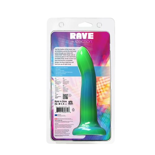 The back of the package for the Rave Addiction 8" Glow in the Dark Dildo.