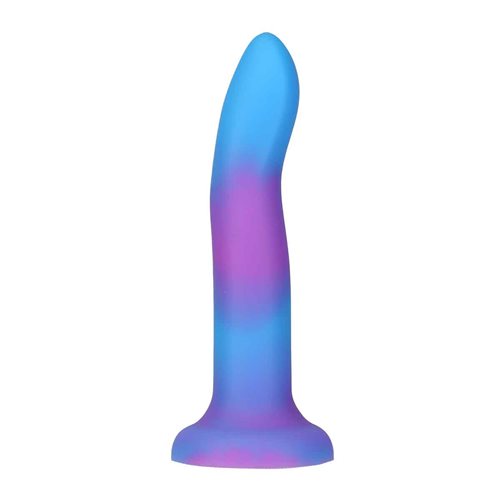 The blue and purple Rave Addiction 8" Glow in the Dark Dildo.