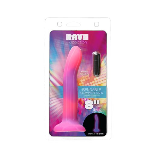 The front of the package for the Rave Addiction 8" Glow in the Dark Dildo.