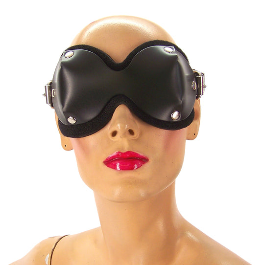 A mannequin head displaying the leather Ultimate Blindfold, front view.