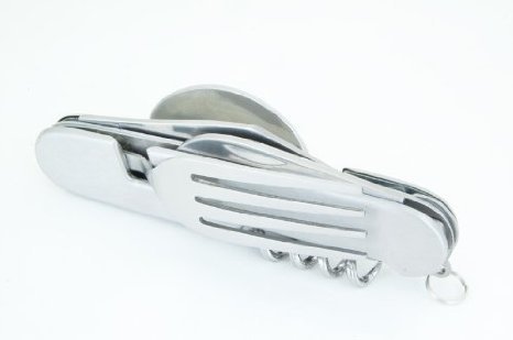 A side view of 6 function camper tool, with all tools folded in.