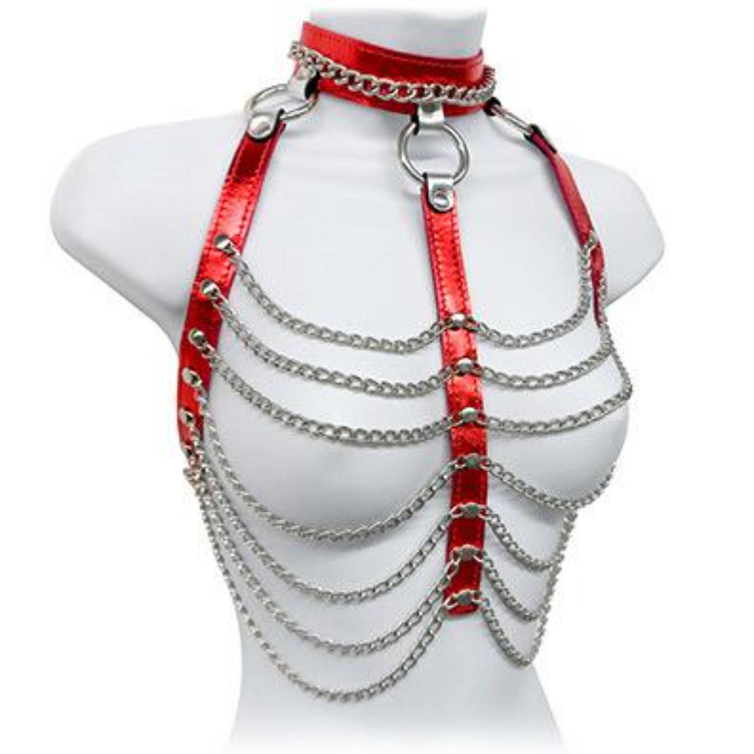 The red metallic leather and chain three column halter harness on a mannequin.