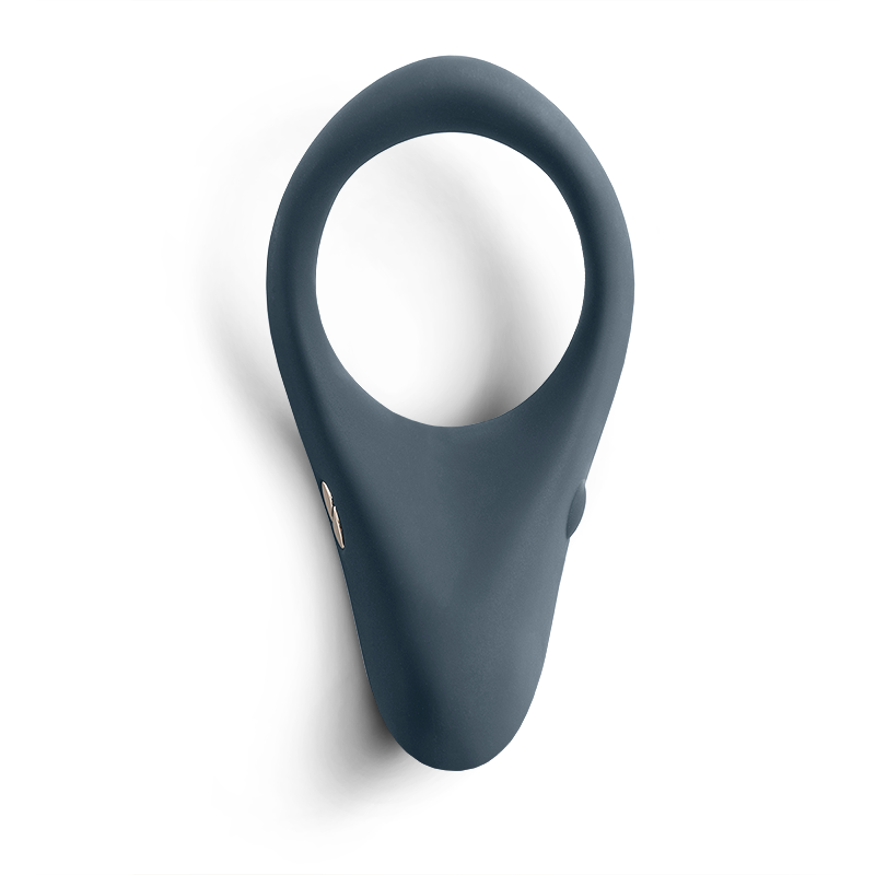 A closeup of the slate gray We-Vibe Verge Cock Ring and Perineum Vibrator.