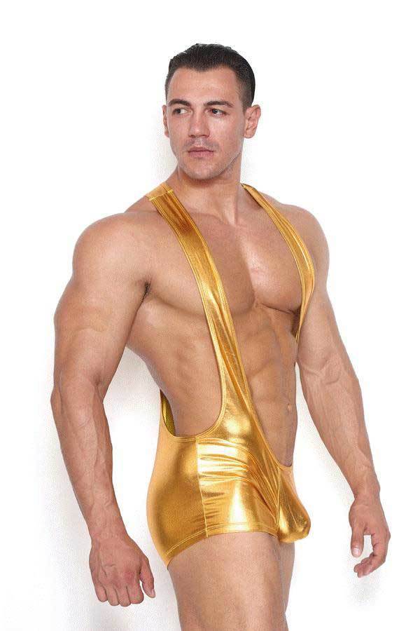 Liquid Dreams Metallic Wrestling Singlet in gold on model right side view