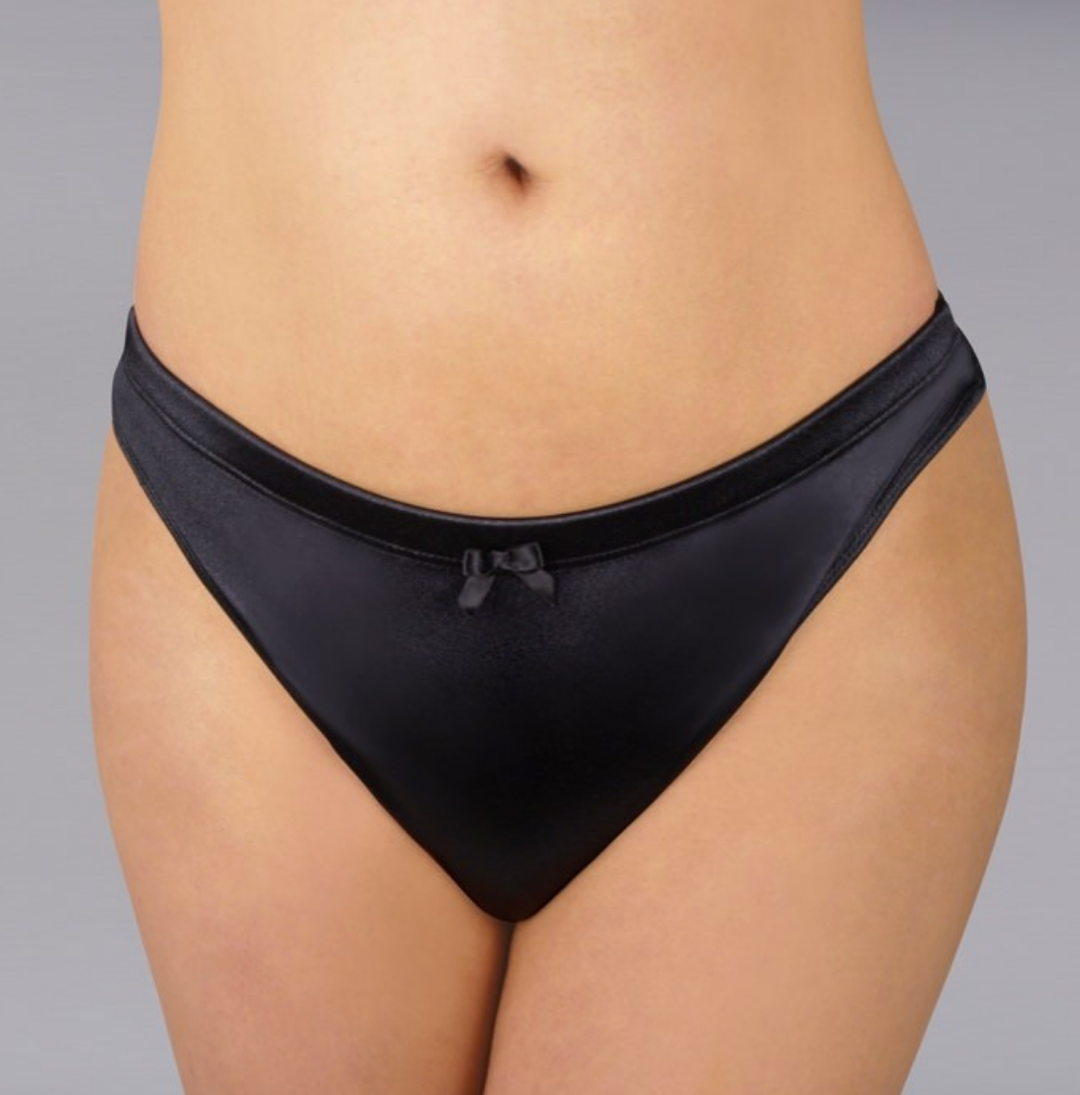 Comfort Smooth Thong Gaff on model in black, front view.