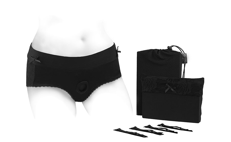 The front of the Bella Lingerie Harness, it's packaging and 4 garters.