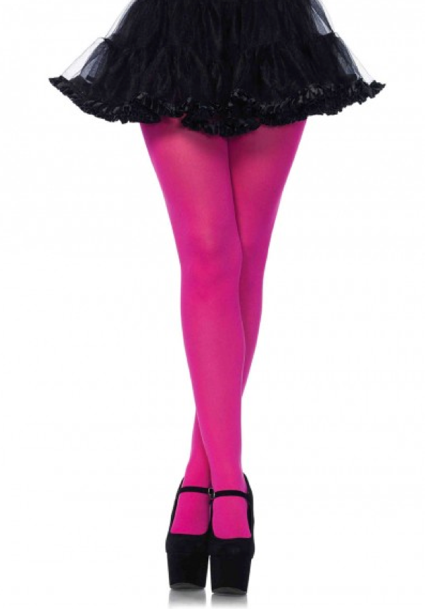 A model wearing the neon pink Nylon Tights with a black petticoat and black platform heels.