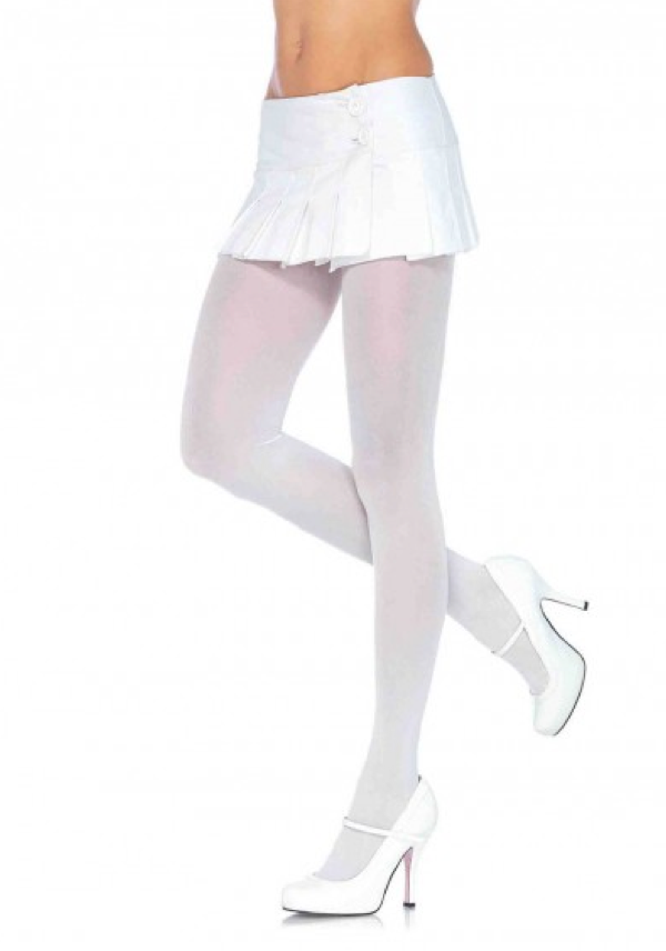 A model wearing the white Nylon Tights with a white miniskirt and white heels.
