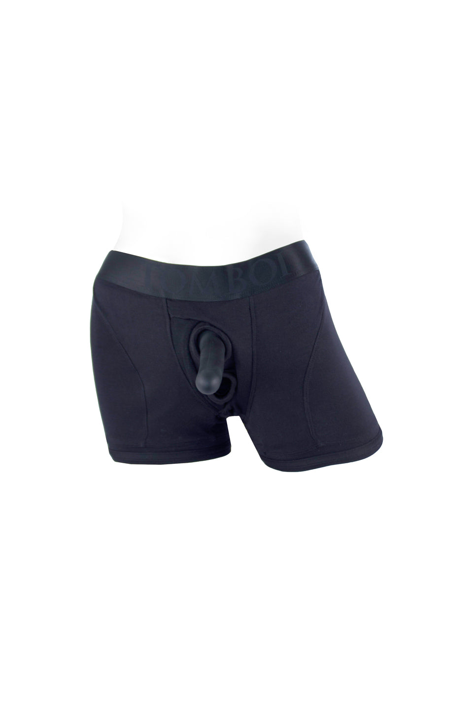 The front of the black Tomboii Boxer Brief Harness with a dildo inserted.