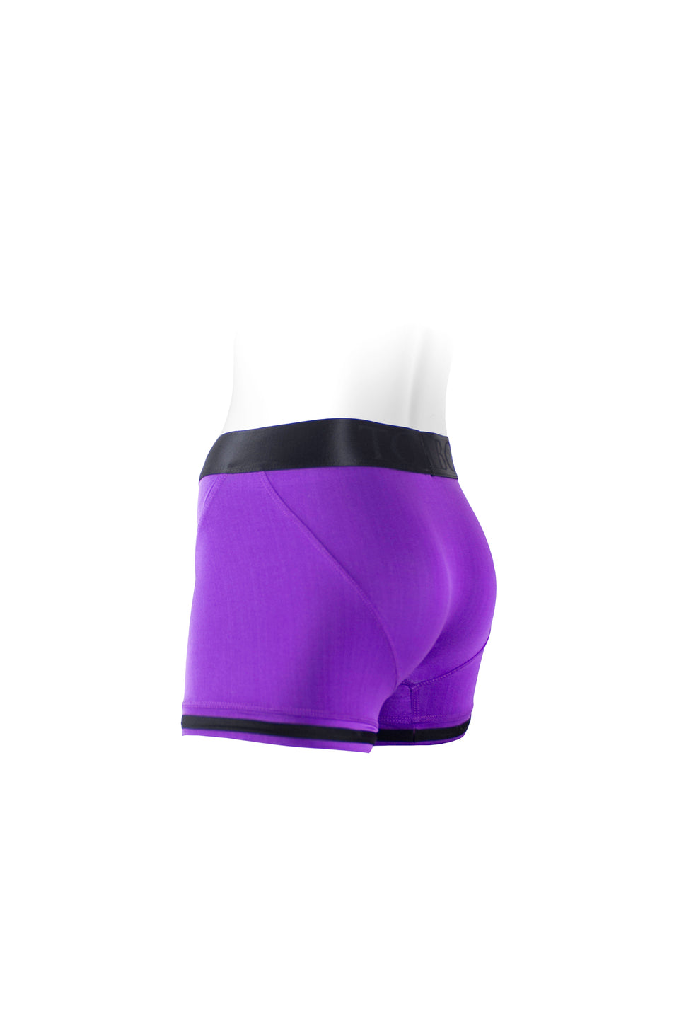 The side and back of the purple Tomboii Boxer Brief Harness on a mannequin. 