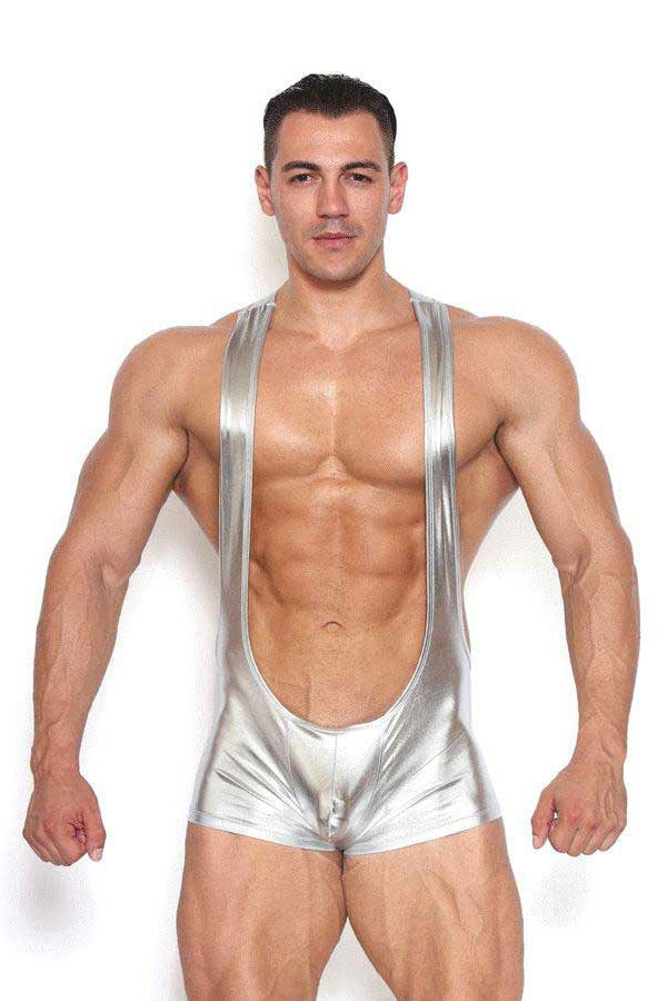 Liquid Dreams Metallic Wrestling Singlet in silver on model frontal view