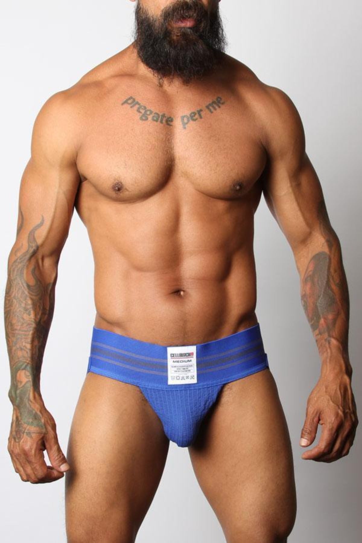 The front of the blue Tight End Jockstrap.