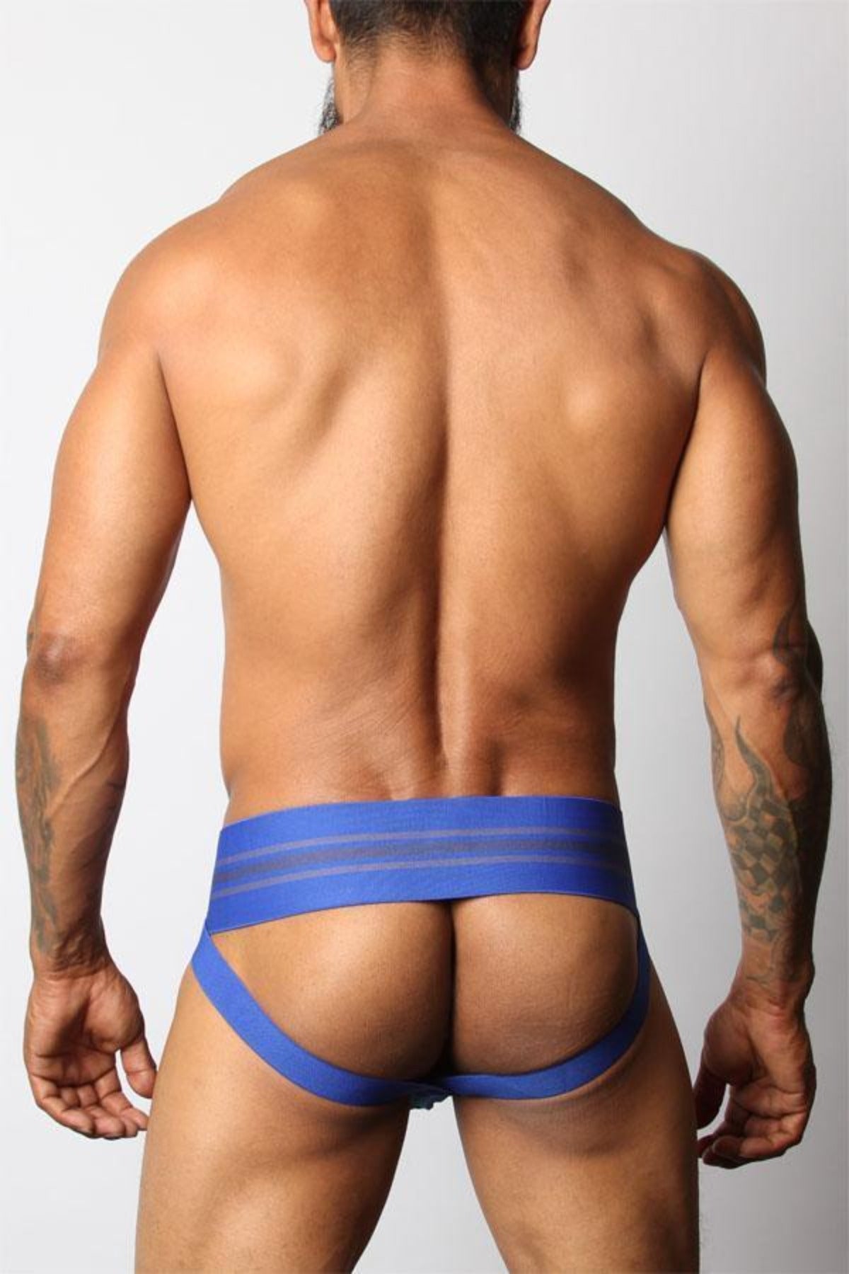 The back of the blue Tight End Jockstrap.