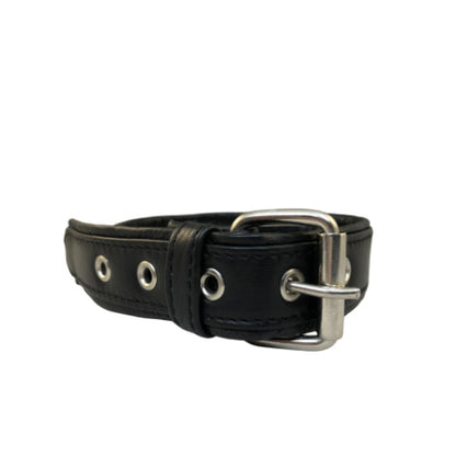 Back of black leather overlay buckle bicep armband.