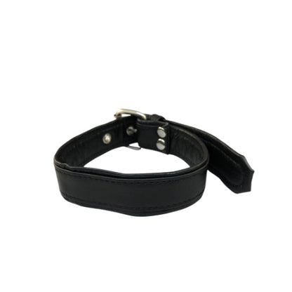 Front of black leather overlay buckle bicep armband.