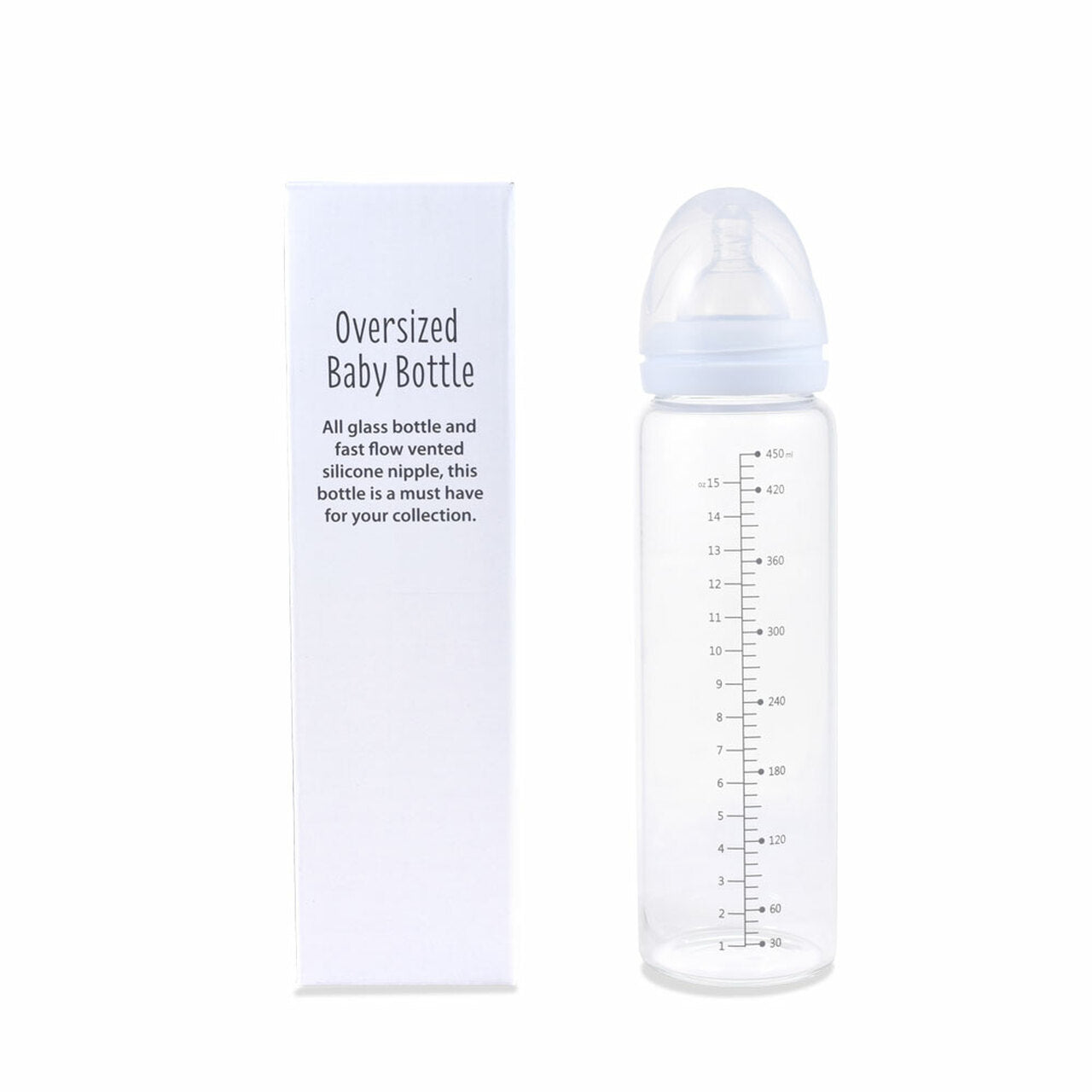 Glas Vintage Clear Adult Baby Bottle sitting next to it's box.