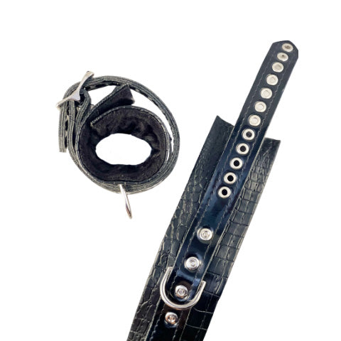 black quality vegan leatherette cuff open eyelets long black center strap