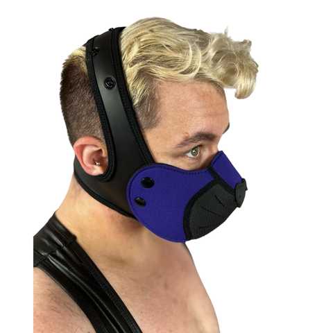 Right side of model wearing blue neoprene snap-on K9 Muzzle with the Neoprene K-Hood Base.