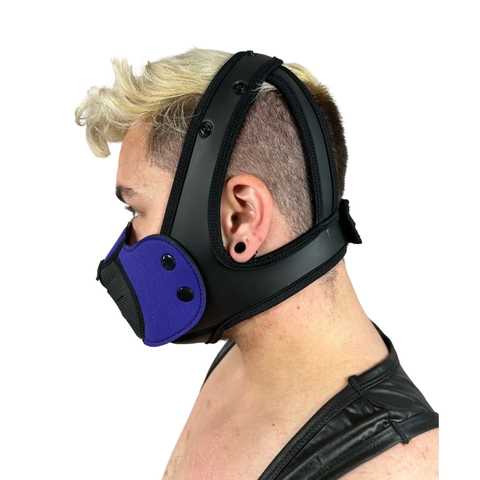 Left side of model wearing blue neoprene snap-on K9 Muzzle with the Neoprene K-Hood Base.