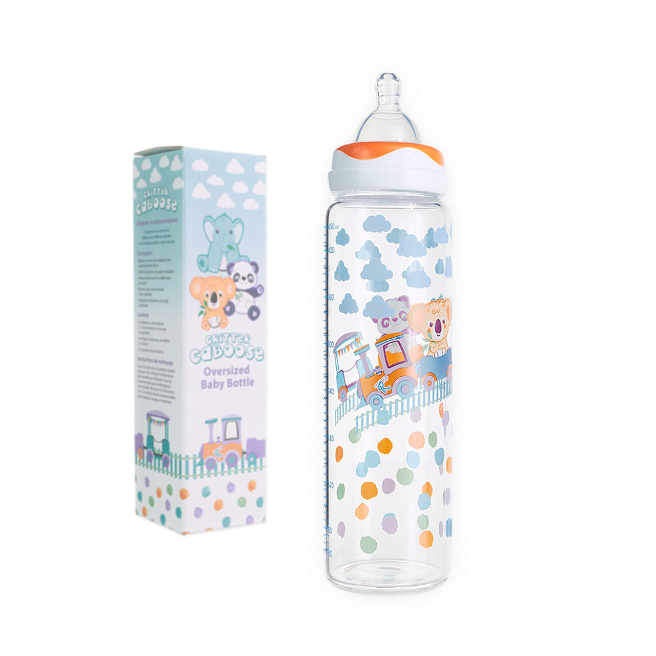 The Critter Caboose Adult Baby Bottle sitting next to its box.