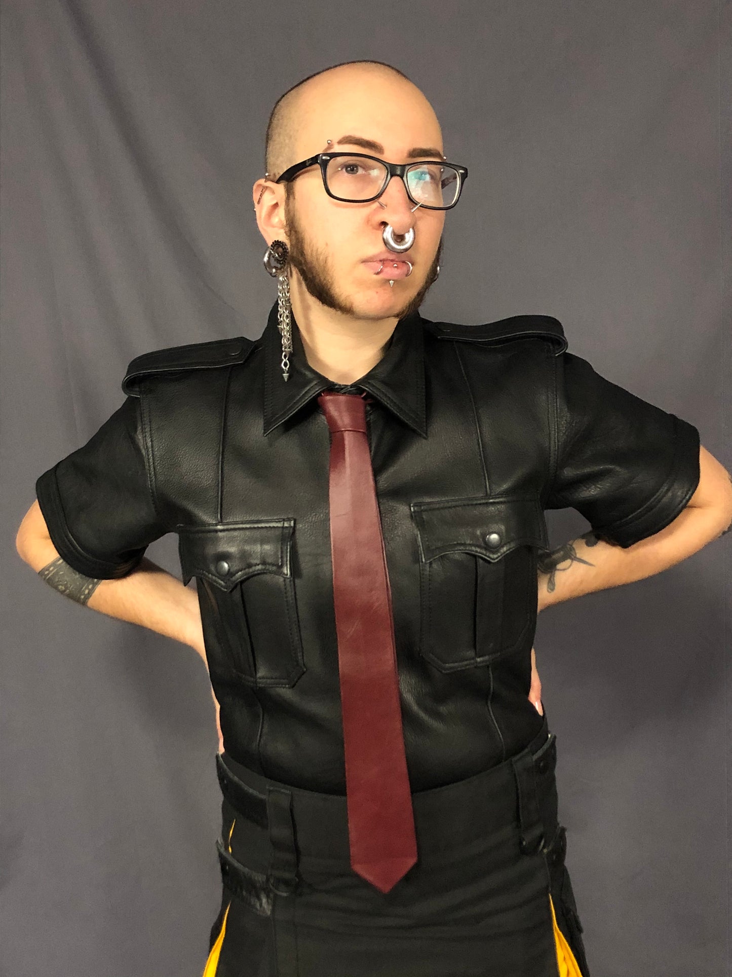 Oxblood leather necktie.