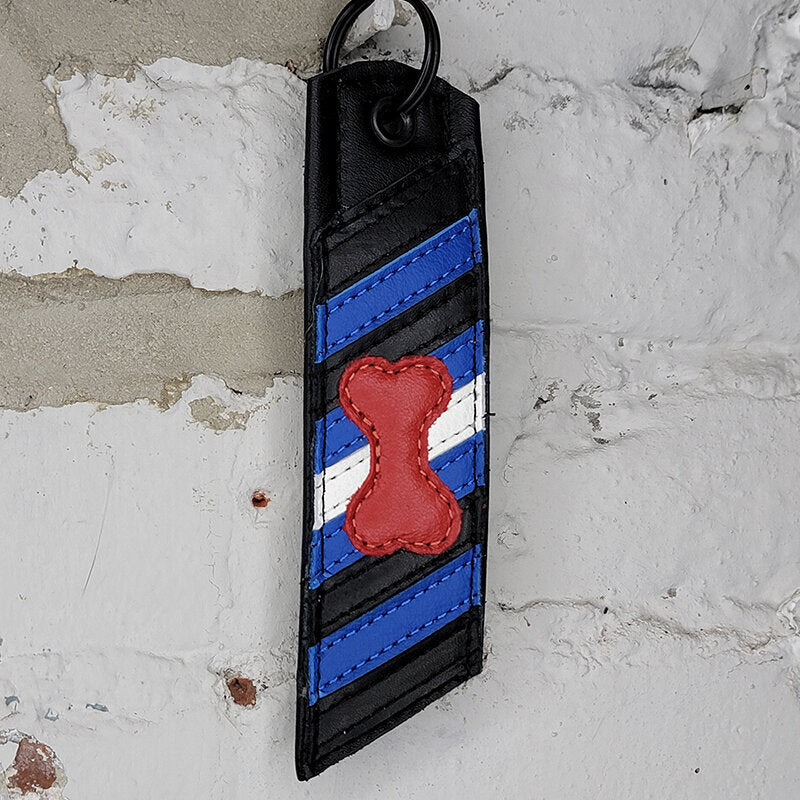 Puppy Pride pride flag key ring against a wall