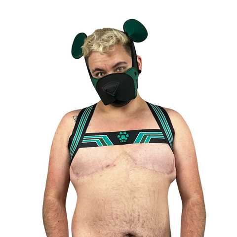 Model wearing Green Neoprene Snap-ON K-Br Muzzle with snap on green bear ears.