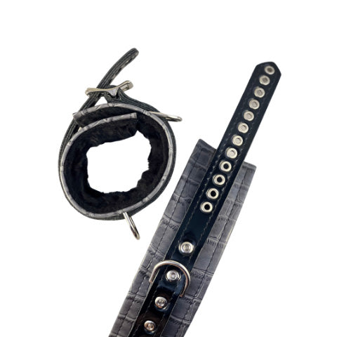 grey quality vegan leatherette cuff open eyelets on black center strap