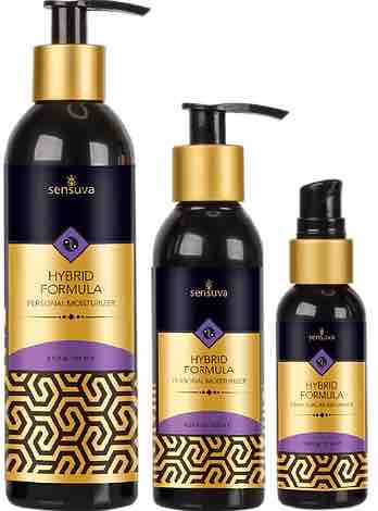 Three different sized bottles of Sensuva Hybrid Formula Personal Moisturizer.