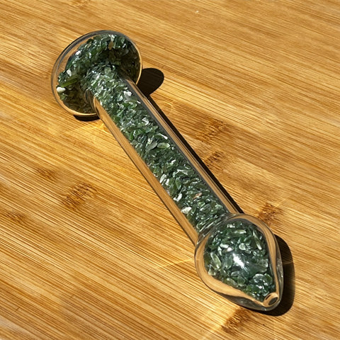 Jasper crystal healing stone basix Delight Dildo on a bamboo board.