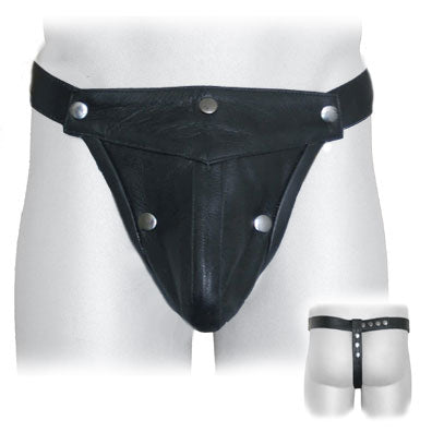 A compilation of two photos showing the front and the back of the black Leather Cod Piece with Stripe.