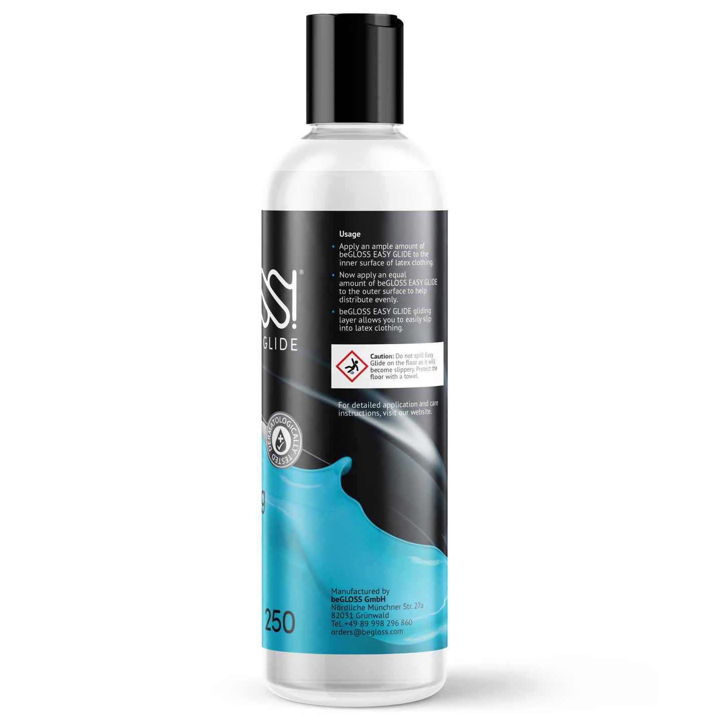 Side view beGLOSS Easy Glide, 250 ml bottle.