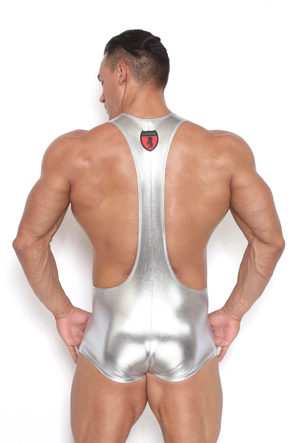 Liquid Dreams Metallic Wrestling Singlet in silver on model rear view