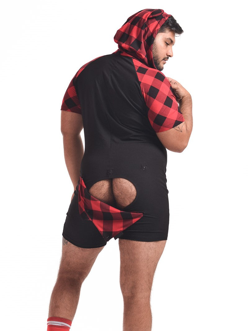 A model showing the back of the red with black Bear Plaid Bamboo Onesie with hoodie up and the plaid back side buttons unsnapped.