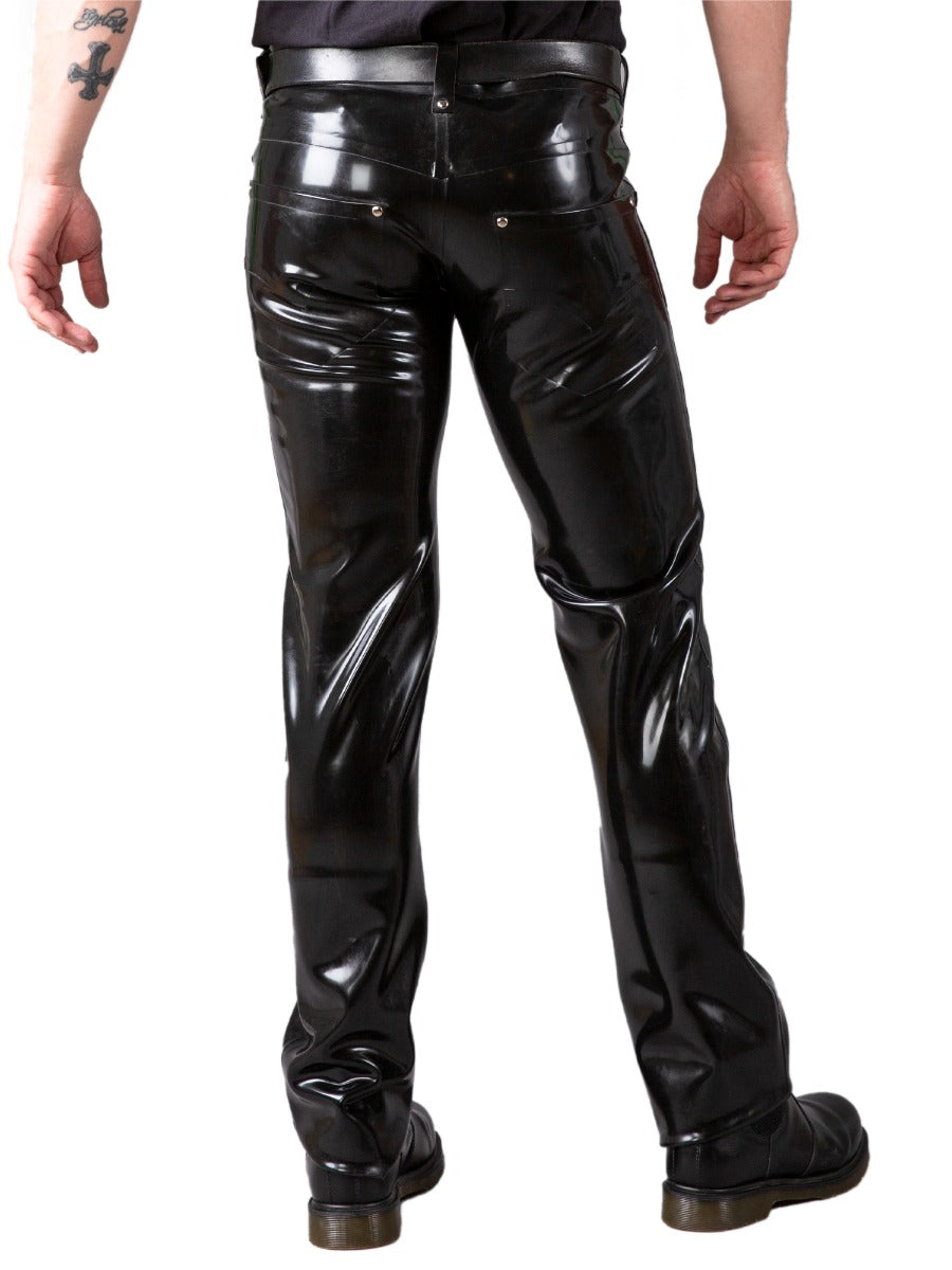 A model wearing the Latex Jeans with Front & Back Pockets, rear view.