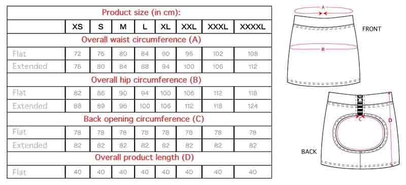 The size chart for the Vinyl Spanking Skirt for Narrow Hips.