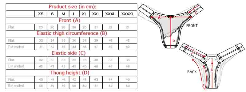 The size chart for the Femme Lace Thong with Pouch.