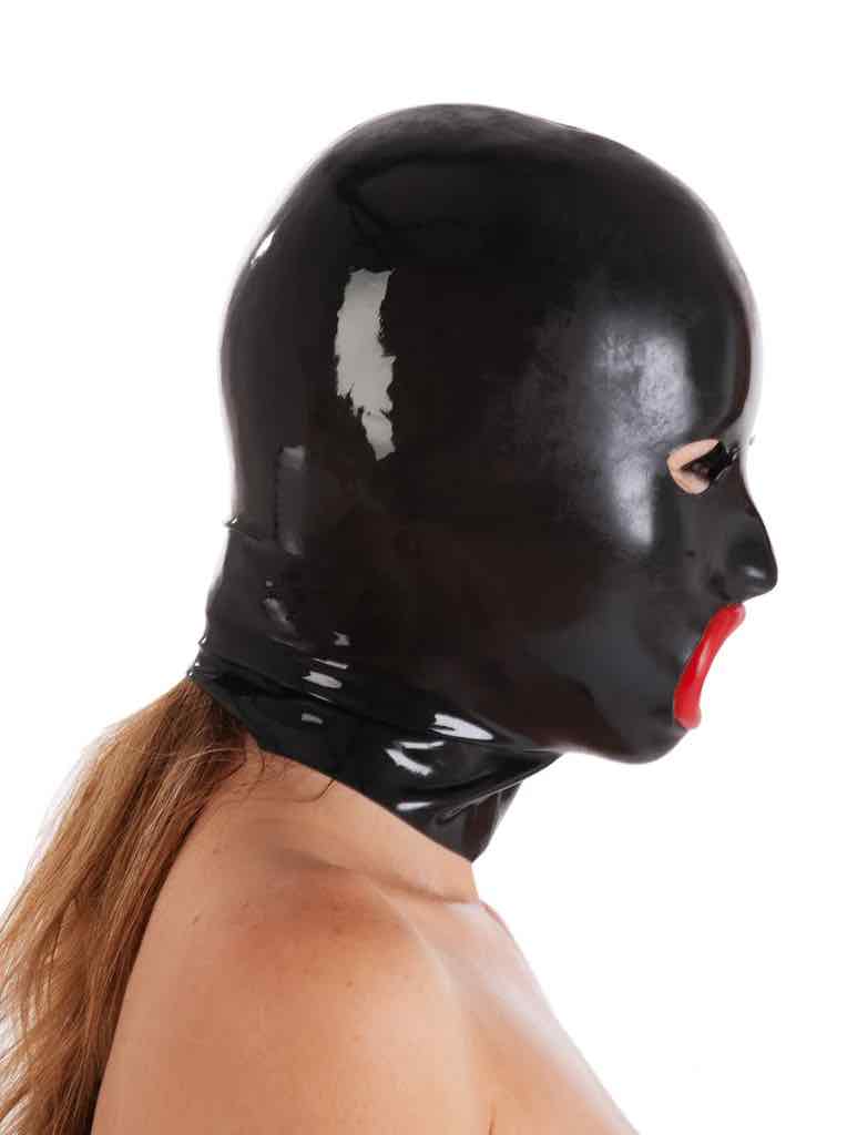 A model wearing the Moulded Latex Hood with red plastic Lips,  right side view.