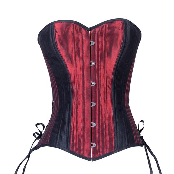 The Black & Burgundy Taffeta Slim Corset, front view.