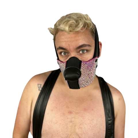 Front of model wearing pink rhinestone neoprene snap-on K9 muzzle with the Neoprene K-Hood Base.