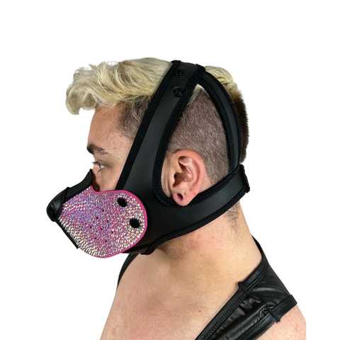 Left side of model wearing pink rhinestone neoprene snap-on K9 muzzle with the Neoprene K-Hood Base.