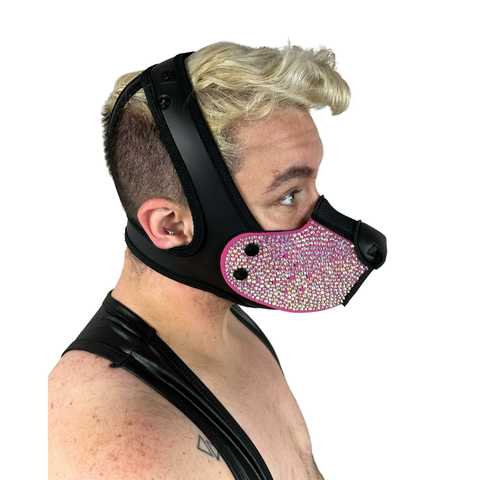 Right side of model wearing pink rhinestone neoprene snap-on K9 muzzle with the Neoprene K-Hood Base.