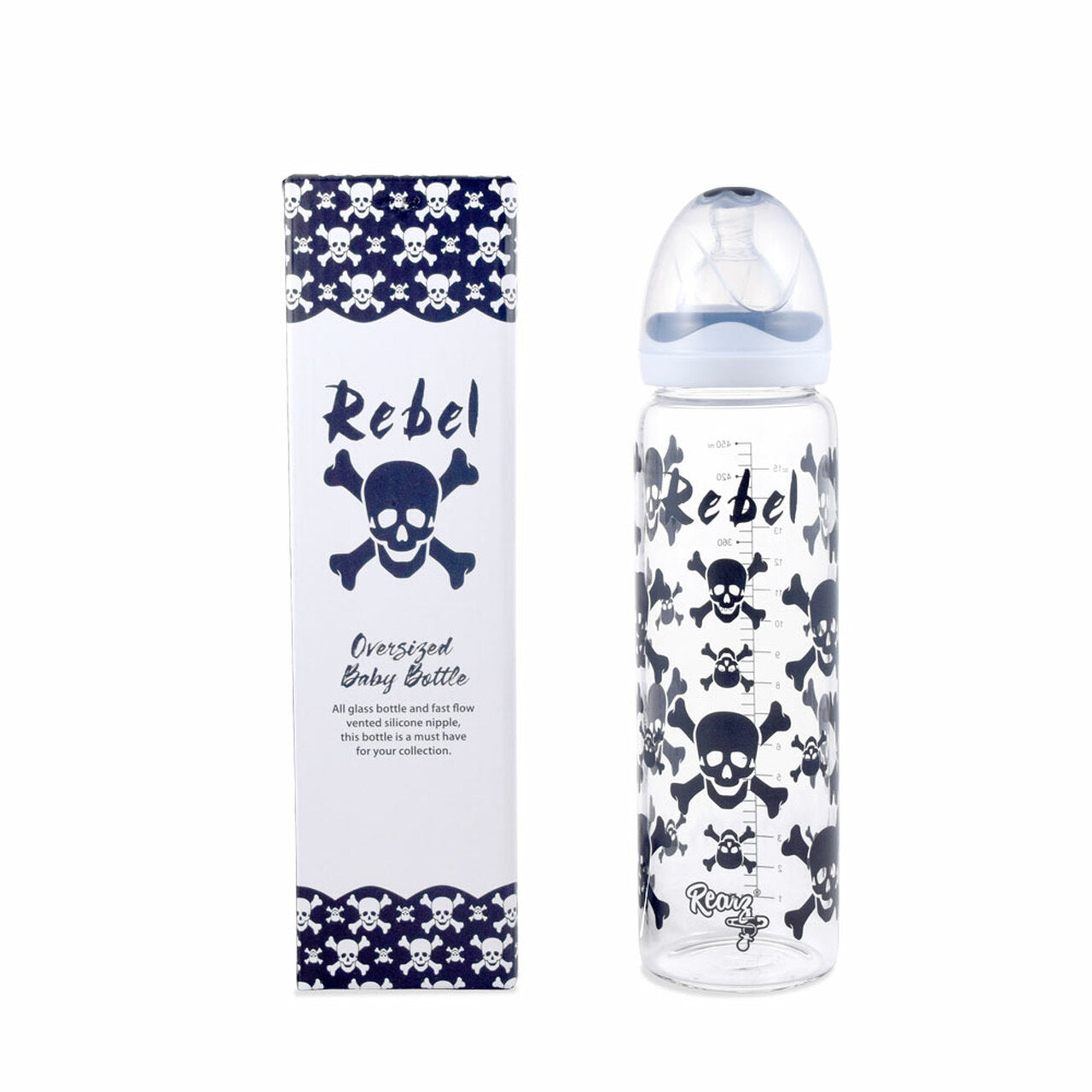 Glass Rebel Adult Baby Bottle sitting next to its box.