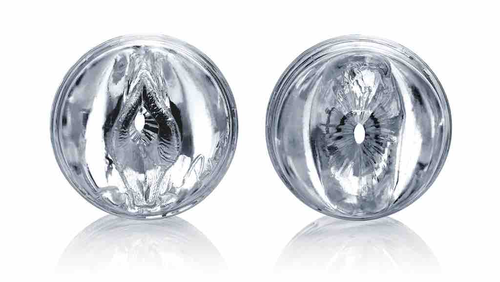 A close up of the vagina and butt ends of the riley Reid Fleshlight Quickshot.