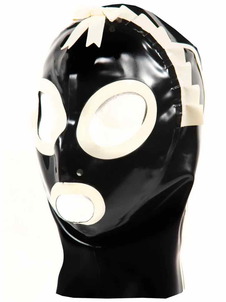 The Latex Maid Hood on a mannequin head, right side and front view.