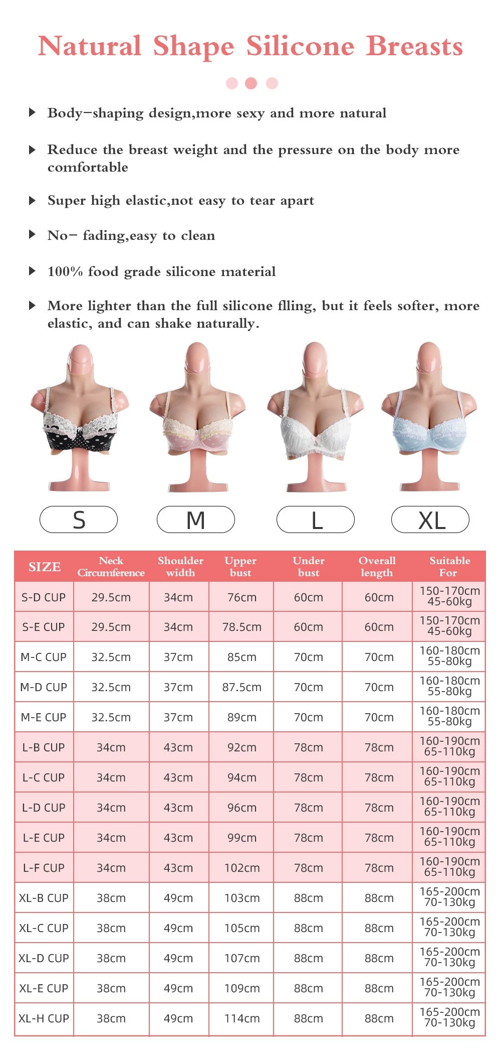 Photos showing different size bustlines and size chart