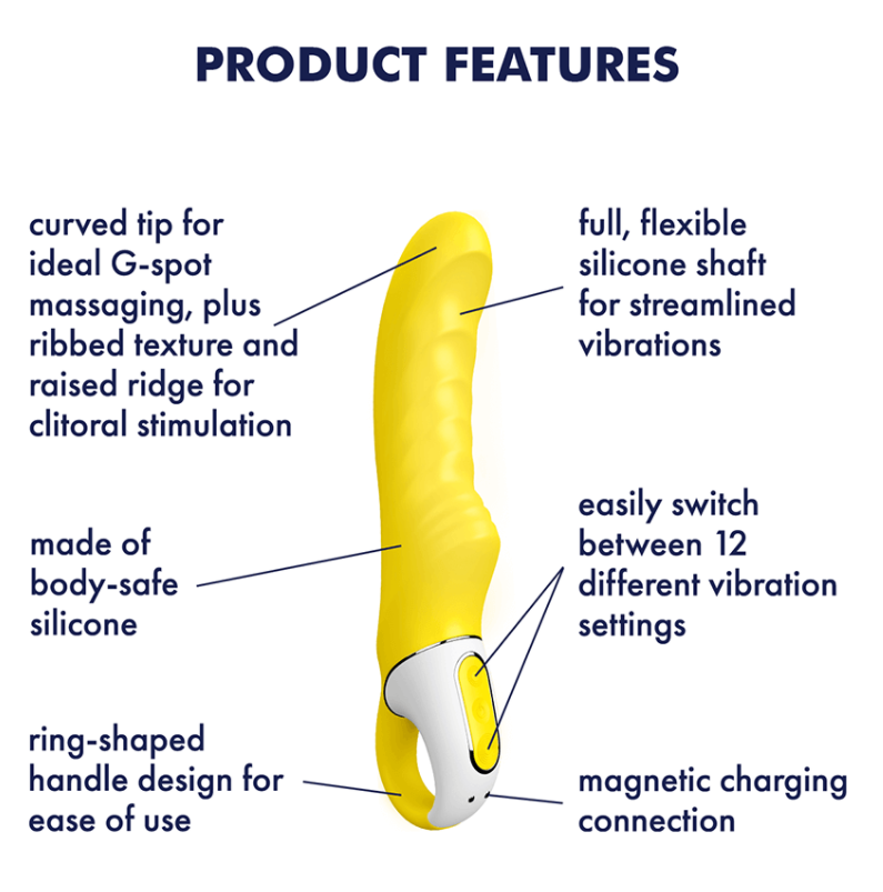 The Satisfyer Yummy Sunshine Vibrator with written product features.