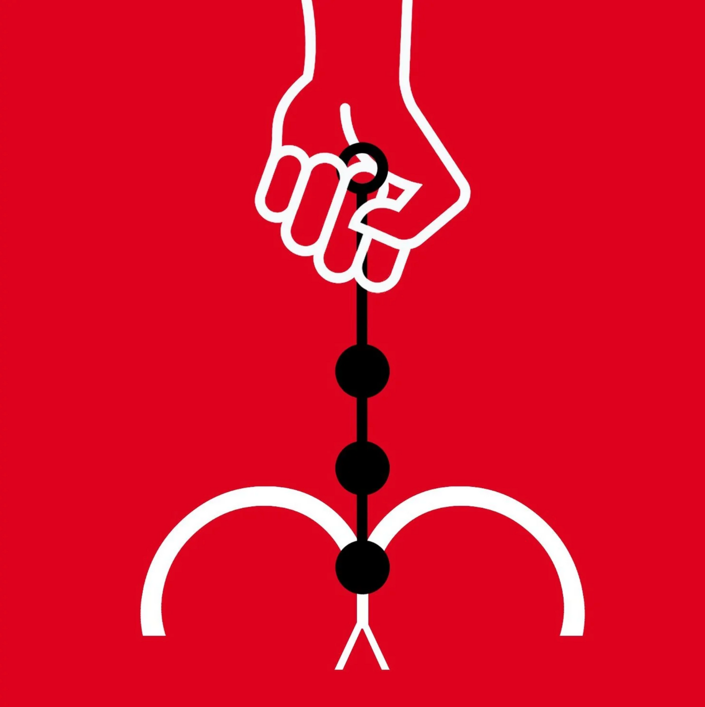 A red, white, and black graphic of a hand pulling the ass ballz out of a stylized butt.
