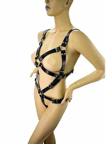 The left side view of the Leather Full Body Harness on a mannequin.